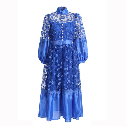 Elegant Socialite Stand Collar Puff Sleeve Embroidery Floral Mesh Dress