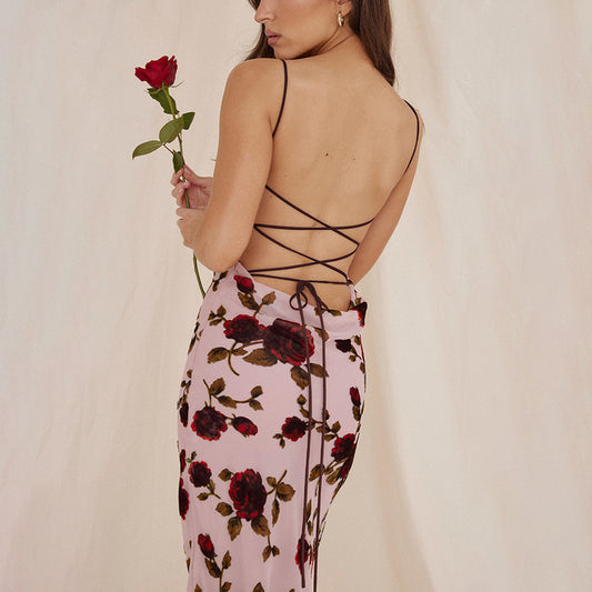 Sexy Strap Backless Rose Printed Dress