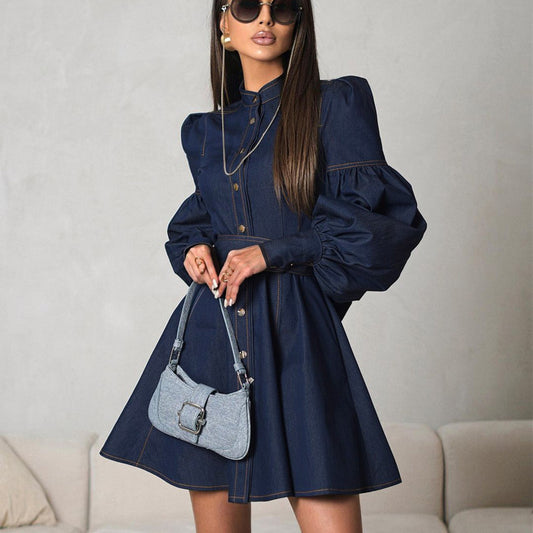 Denim Shirt Dress Niche Design Lantern Sleeve Lace up Graceful Dress