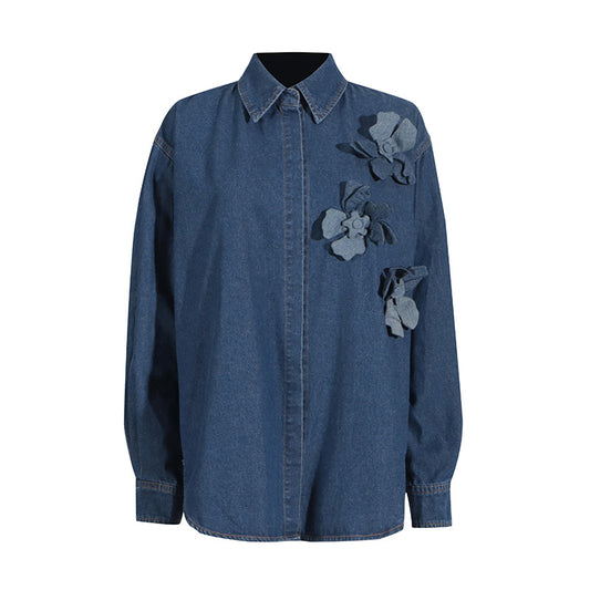 Denim Comfort Casual Collared Patchwork Floral Solid Color Slim Fit Shirt