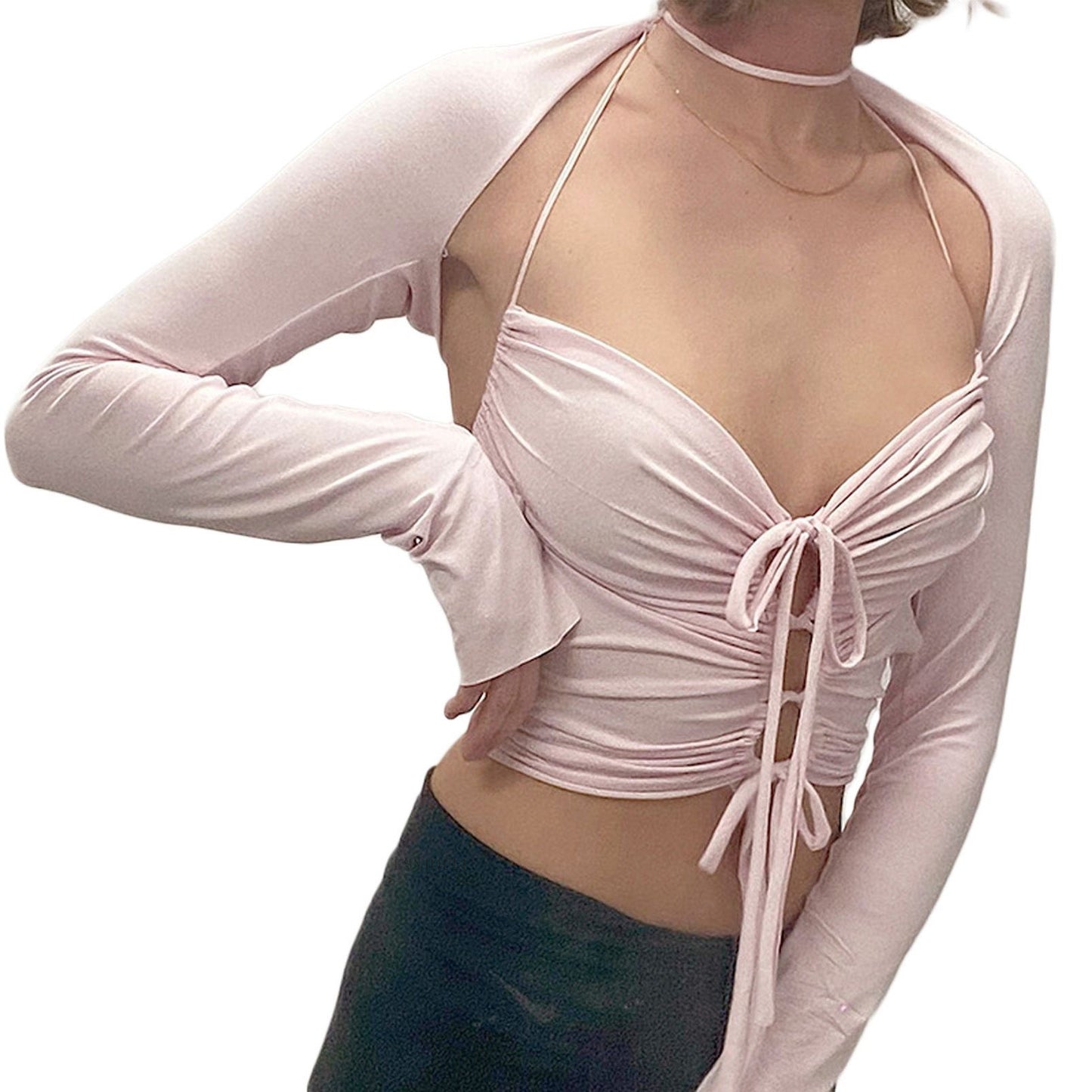 Long Sleeve Tied Sexy Sexy T shirt Solid Color Halter top