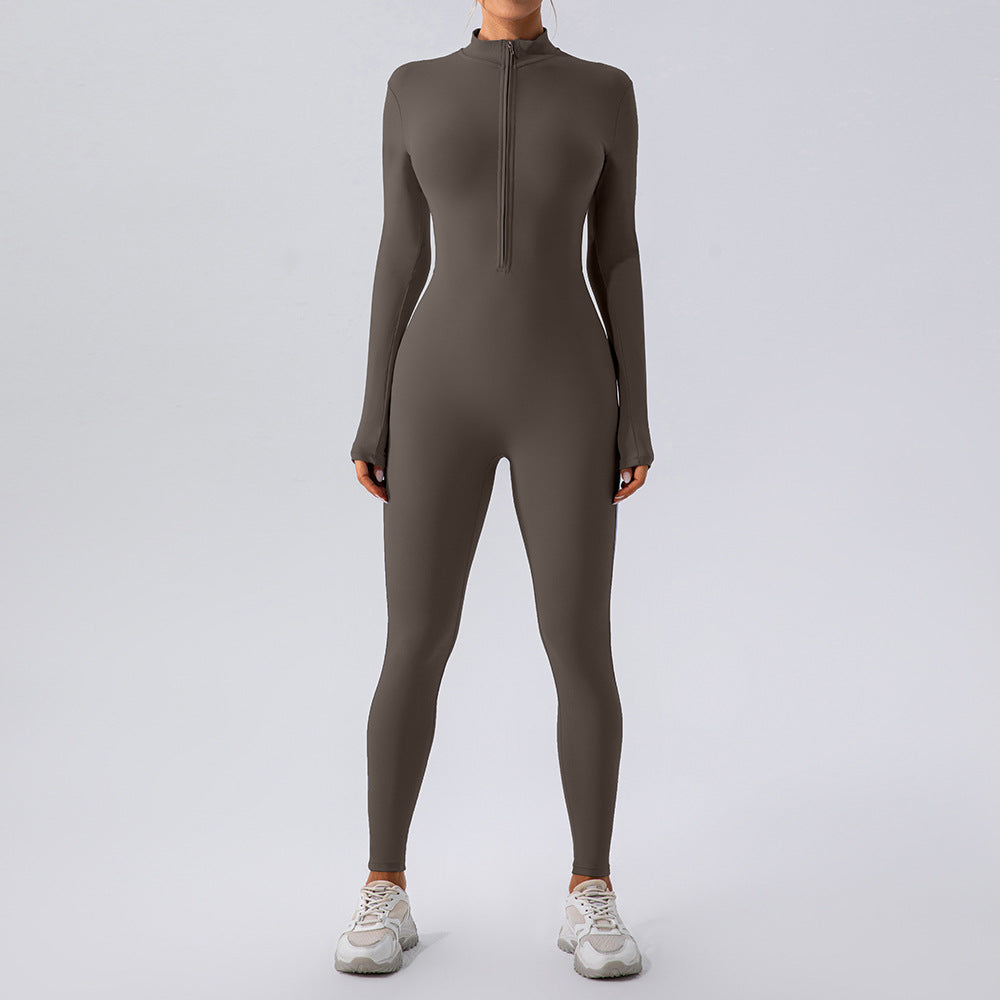 Zipper Nude Feel Long Sleeve Yoga Jumpsuit Sports Fitness Training Dance One Piece Bodysuit