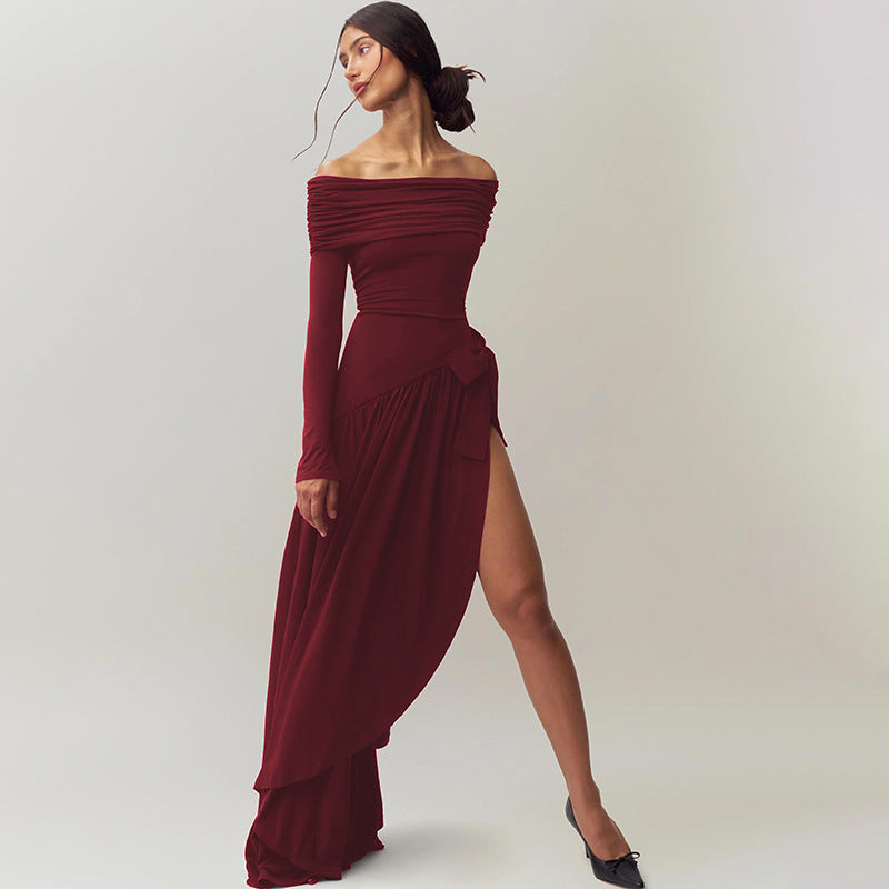 Sexy off Shoulder Hollow Out Cutout Solid Color Bow Long Sleeve Split Dress