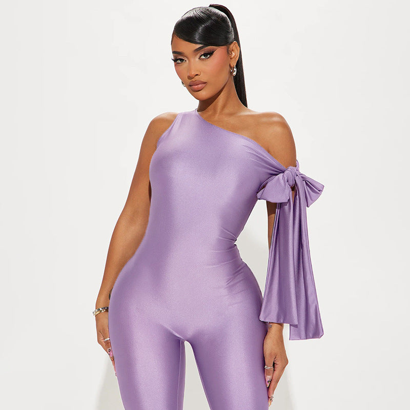 One Shoulder Sexy Twisted Asymmetric Tight Jumpsuit