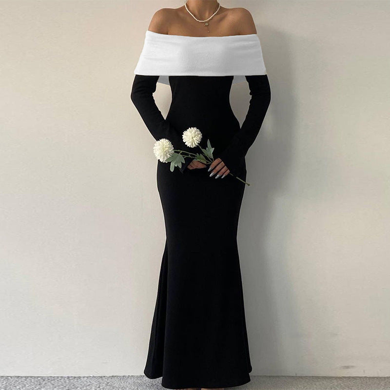 Contrast Color off Shoulder Long Sleeve Waist Slimming Maxi Dress