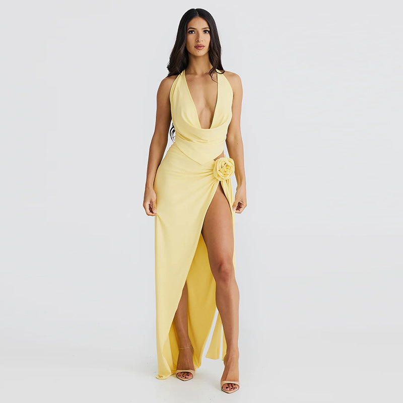 Lace Up Backless Sexy Deep V Plunge Neck Halter Sling High Slit Mid Length Skirt Set