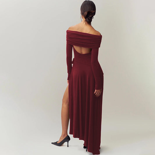 Sexy off Shoulder Hollow Out Cutout Solid Color Bow Long Sleeve Split Dress