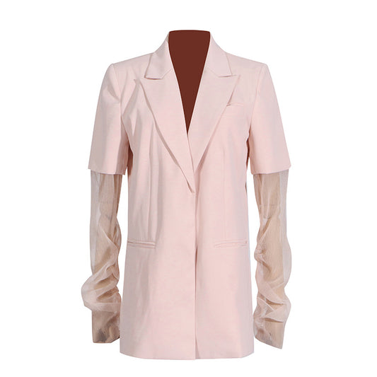 V neck Pink Mesh Stitching Design Long Sleeve Profile Blazer