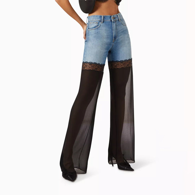 Lace Stitching See Through High Grade High Waist Wide Leg Jeans