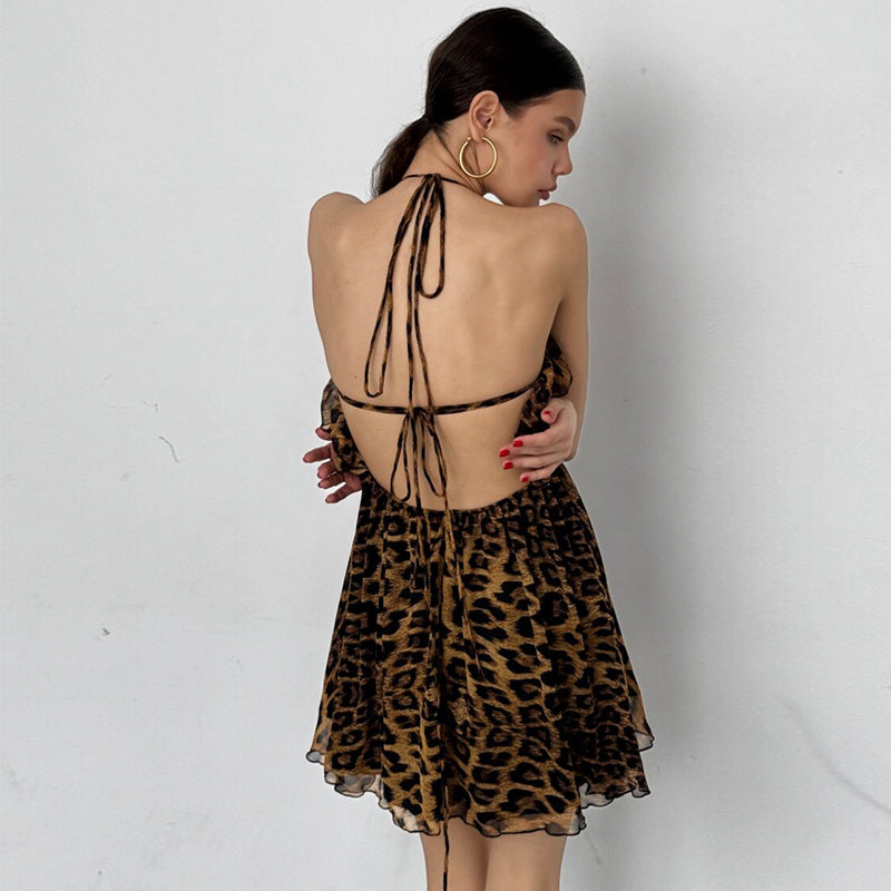 Leopard Print Deep V Plunge Halter Lace Up Dress