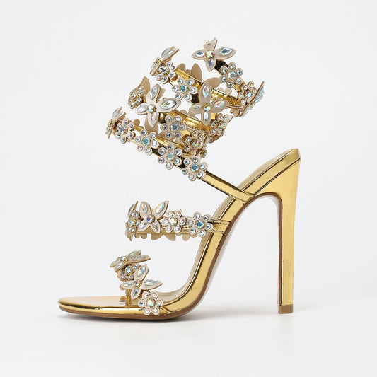 Gold Silver Color 11cm Stiletto round Toe Satin Rhinestones High Heel Sandals Heels