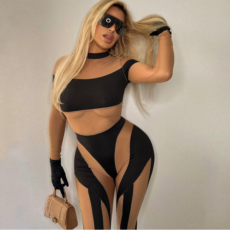 Women Clothing High Elastic Mesh Stitching Sexy Jumpsuit Nightclub See-through Jumpsuit