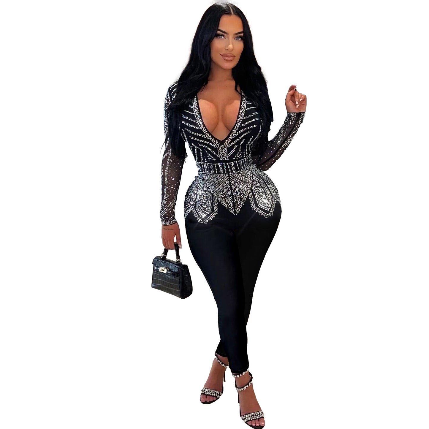 Sexy Slim Hip Rhinestone V Neck Stretch Tight Jumpsuit