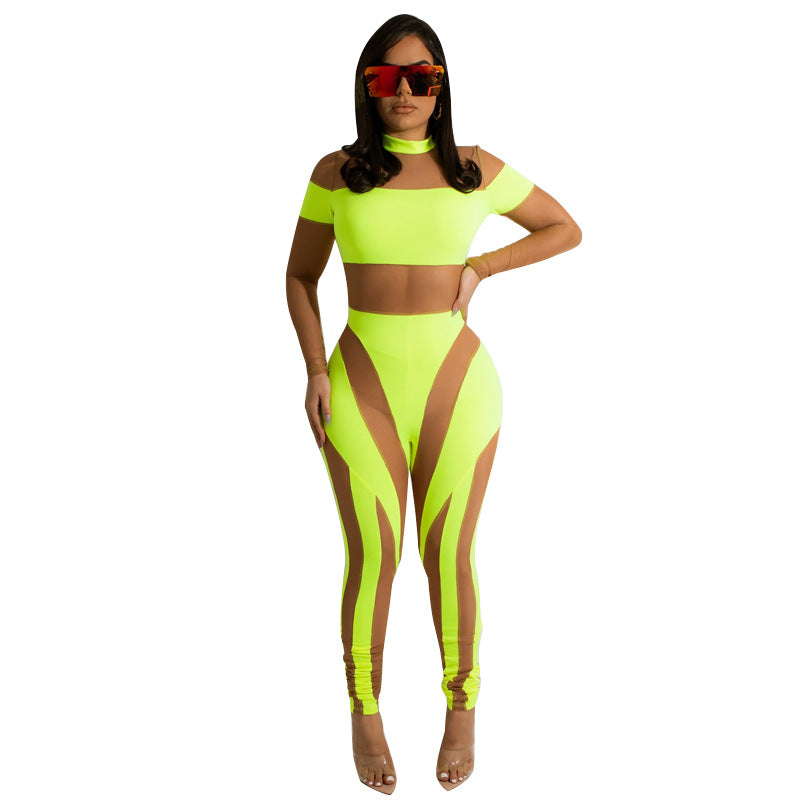 Women Clothing High Elastic Mesh Stitching Sexy Jumpsuit Nightclub See-through Jumpsuit