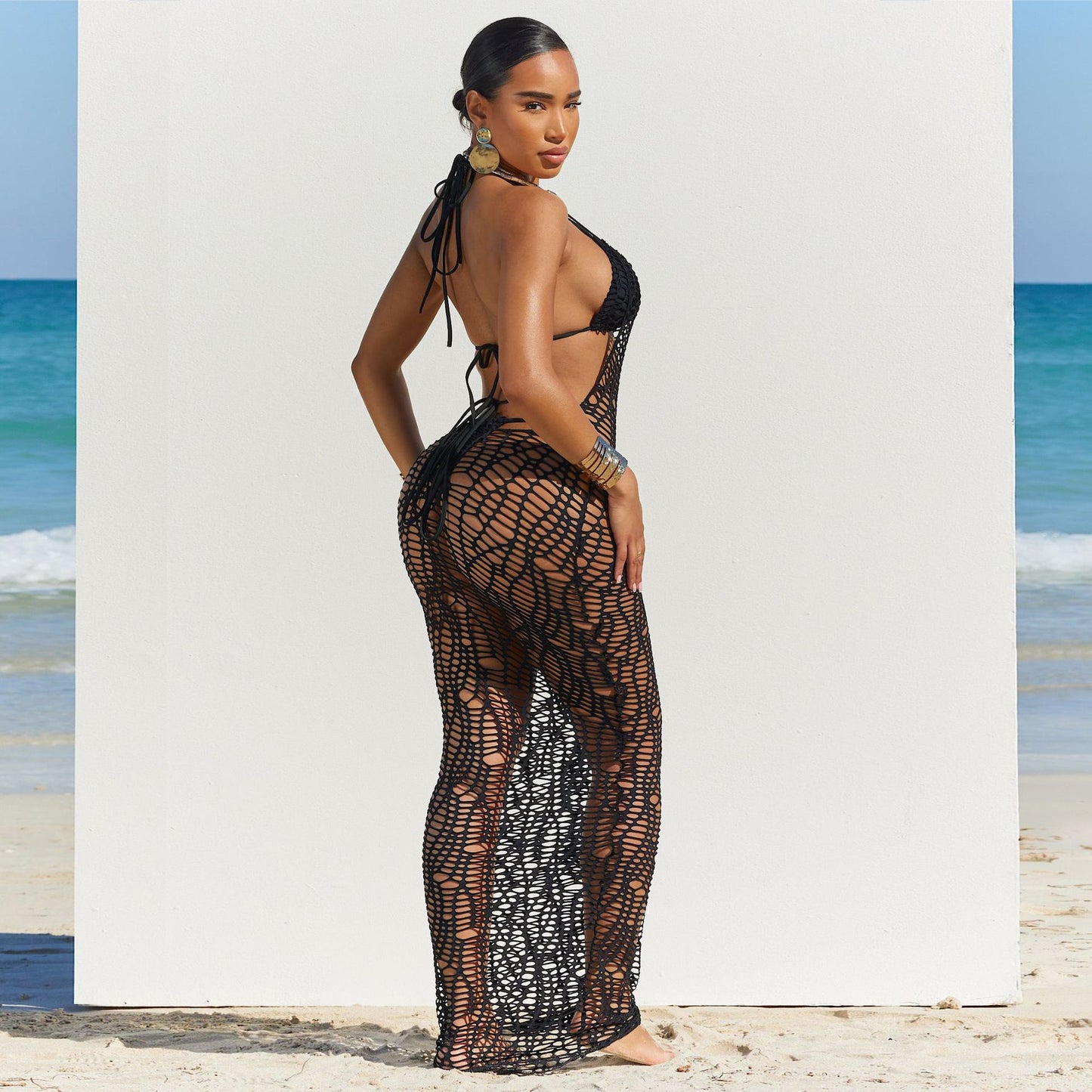 Thong Hollow Out Cutout out Nude Back Halter Three Piece Beach