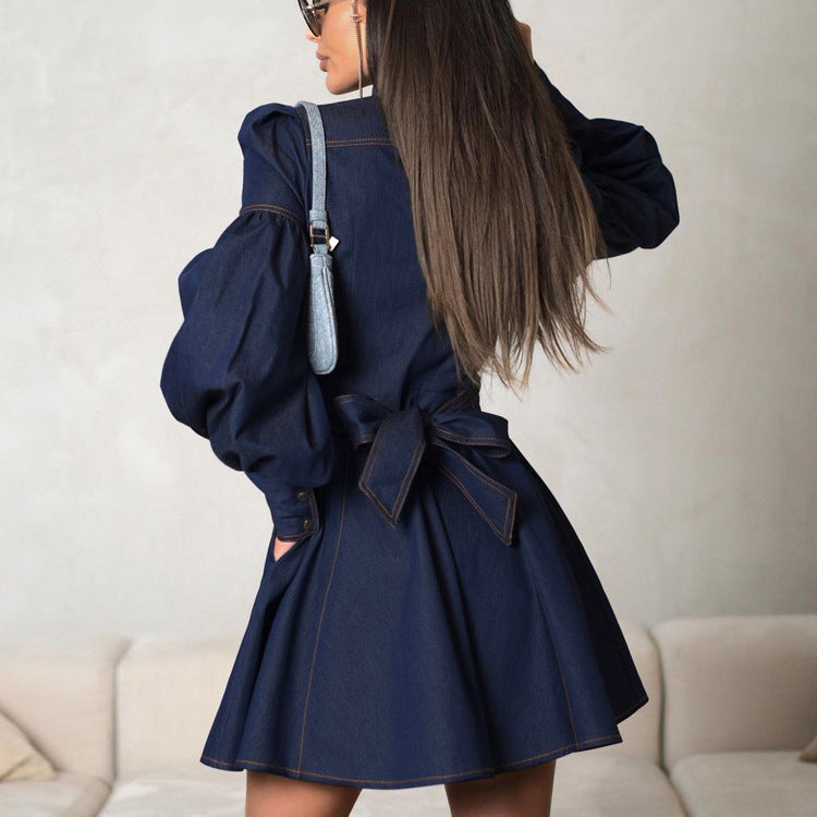 Denim Shirt Dress Niche Design Lantern Sleeve Lace up Graceful Dress