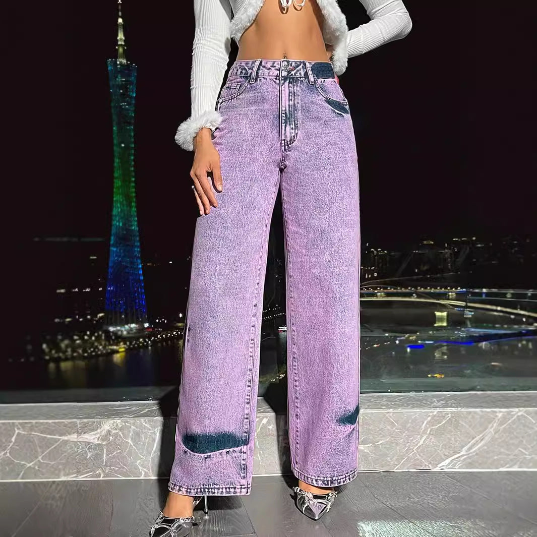 Retro Casual High Waist Wide Leg Straight Denim Trousers