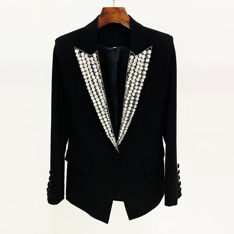 Rhinestone Beaded One Button Slim Blazer