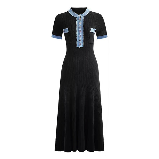 Short Sleeve Stitching Denim Simple Elegant Slim Slimming Long Knitted Dress