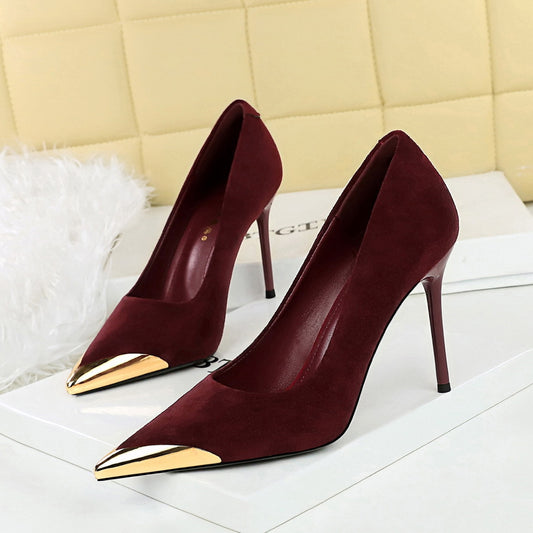 Cocktail Shoes Leopard Print High Heels Stiletto Suede Shallow Mouth Metal Pointed Toe Pumps Super High Heel