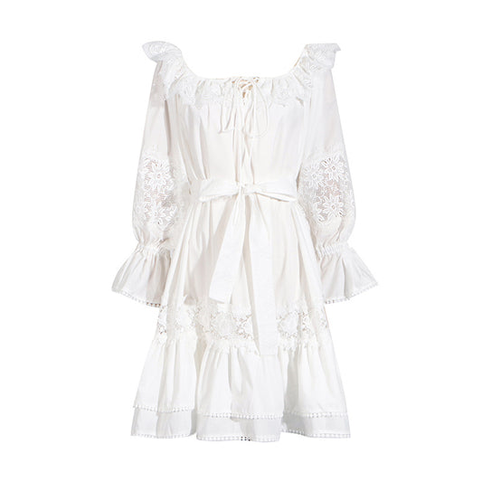 Graceful Sweet Off Neck Lace Trim Short Stitching Large Swing Dress