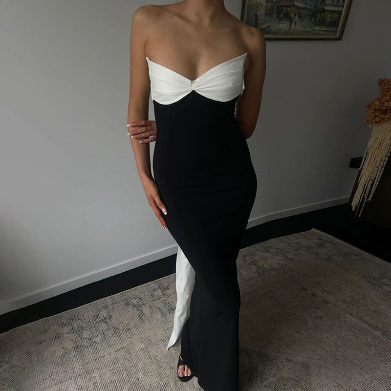 Color Contrast Sexy Backless Bow Tube Top Ribbon Dress