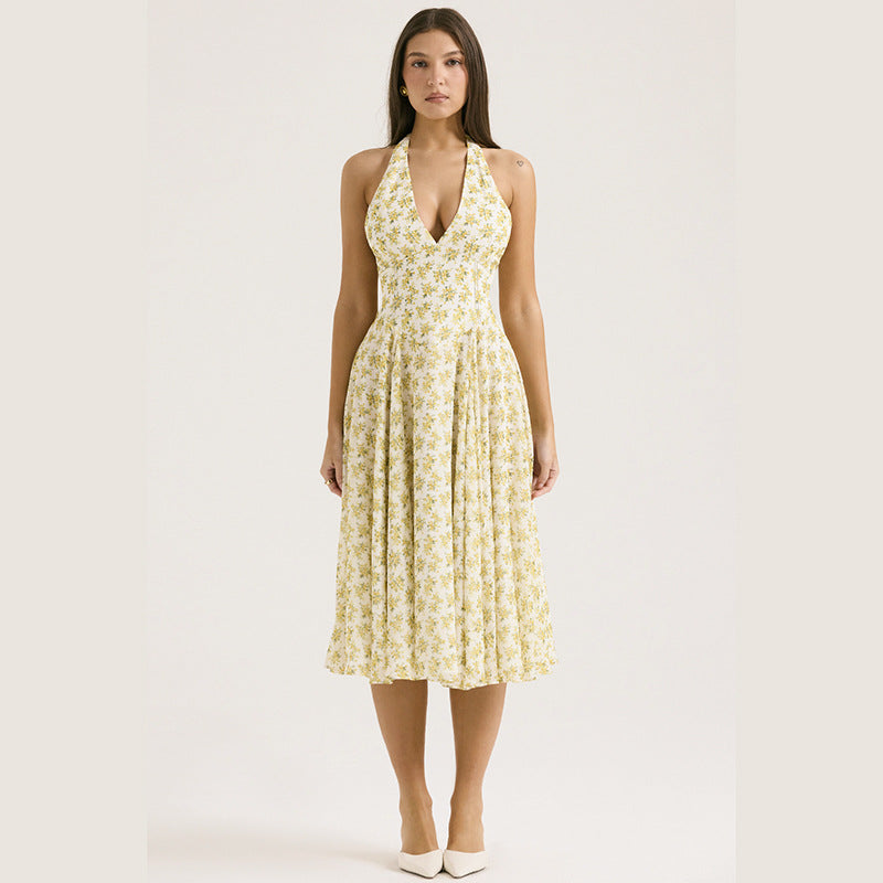 Deep V Plunge Floral A Line Dress