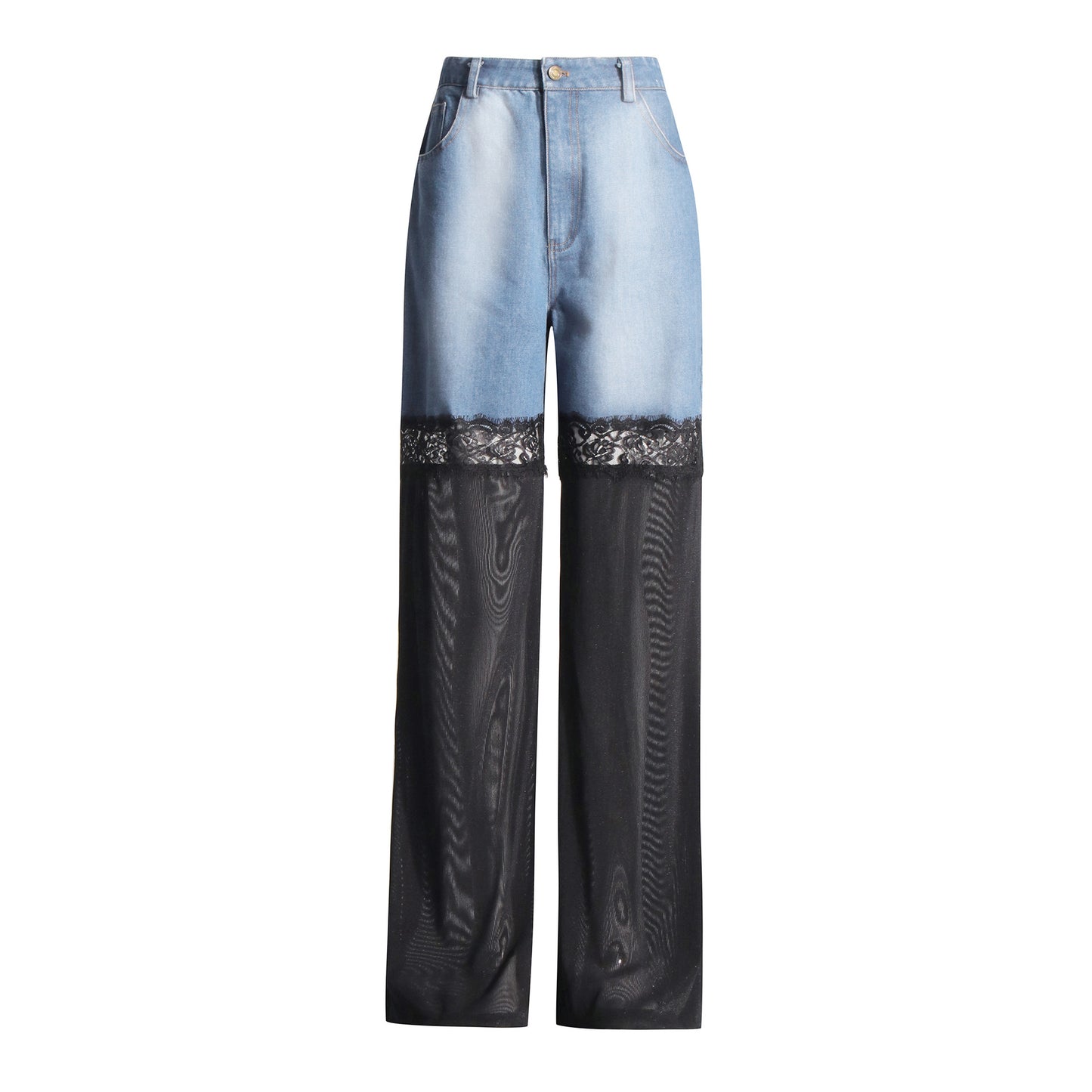 Lace Stitching See Through High Grade High Waist Wide Leg Jeans