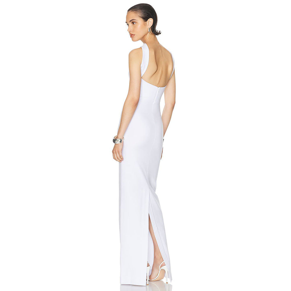 Side Slit Bandage Elastic Long Tube Top Tight Halter Dress