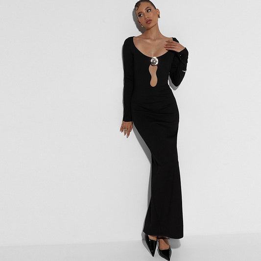 Personality Mesh V neck Patchwork Slim Sheath Split Long Sleeve Dress