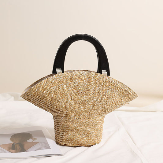 Wooden Portable Hat Straw Bag Fresh Straw Woven Bag Vacation Beach Bag