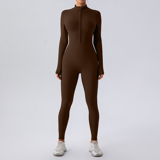 Zipper Nude Feel Long Sleeve Yoga Jumpsuit Sports Fitness Training Dance One Piece Bodysuit