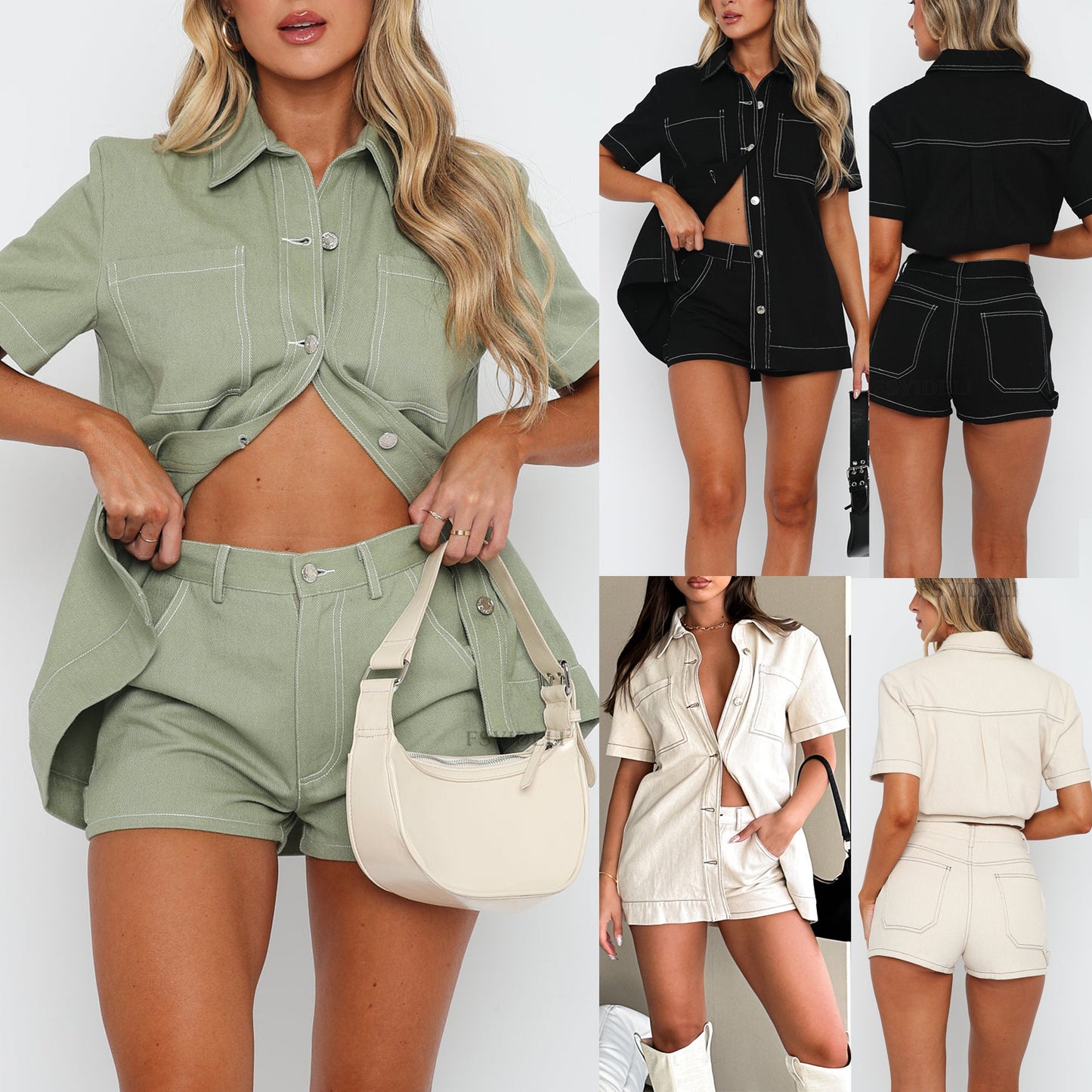 Retro Workwear Long Shirt Shorts Two Piece Suit