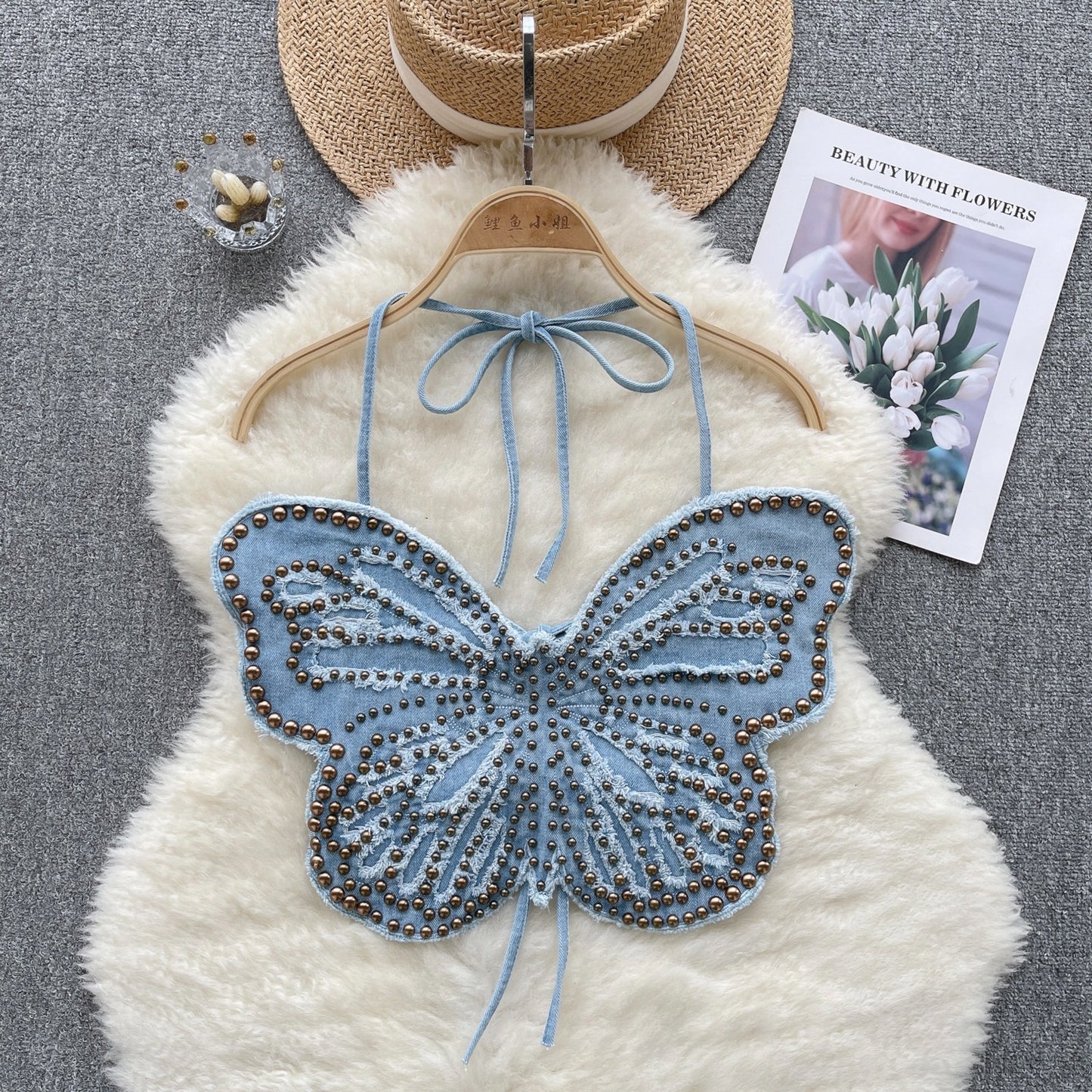 Beaded Backless Strap Halter Butterfly Top