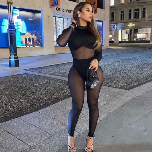 Mesh See Through Stitching High Waist Tight jumpsuit