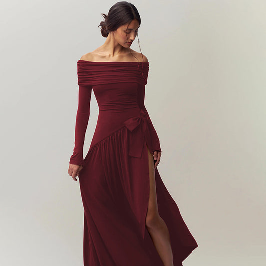 Sexy off Shoulder Hollow Out Cutout Solid Color Bow Long Sleeve Split Dress