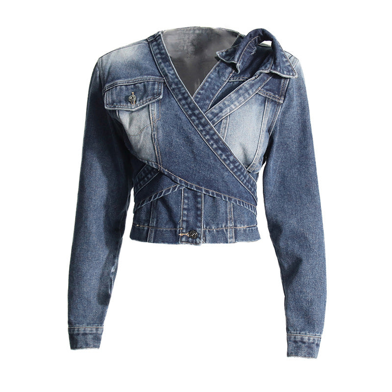 Niche Special V neck Cross Asymmetric Lace up High Grade Short Denim Coat