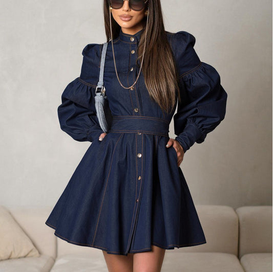 Denim Shirt Dress Niche Design Lantern Sleeve Lace up Graceful Dress