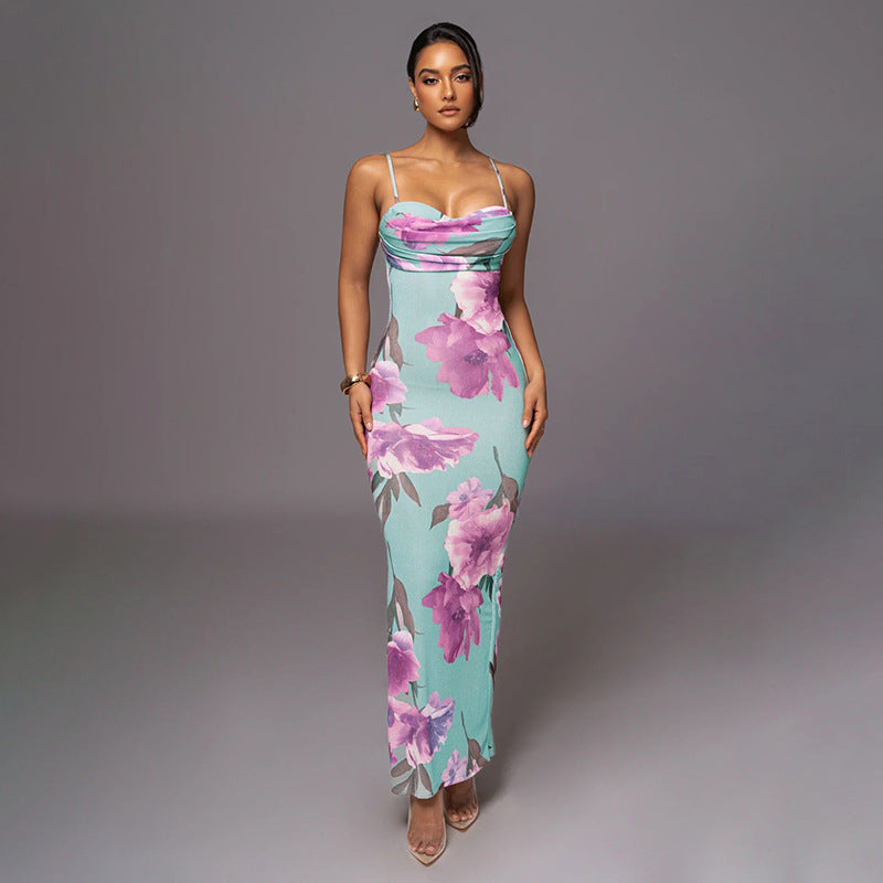 Printed Collar Figure Flattering Maxi Dress