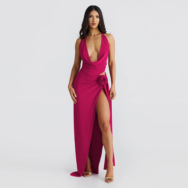 Lace Up Backless Sexy Deep V Plunge Neck Halter Sling High Slit Mid Length Skirt Set