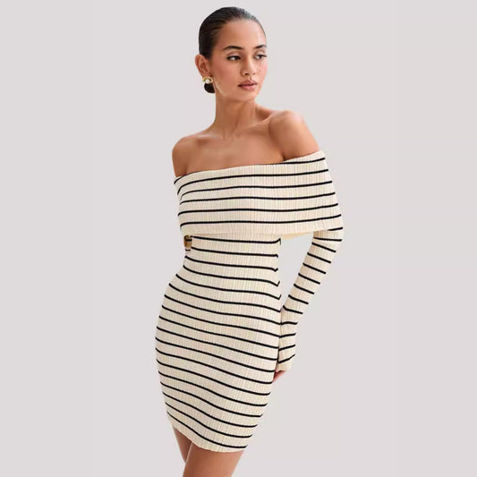 Off Shoulder Striped Long Sleeve Off Shoulder Collar Knit Casual Short Dress