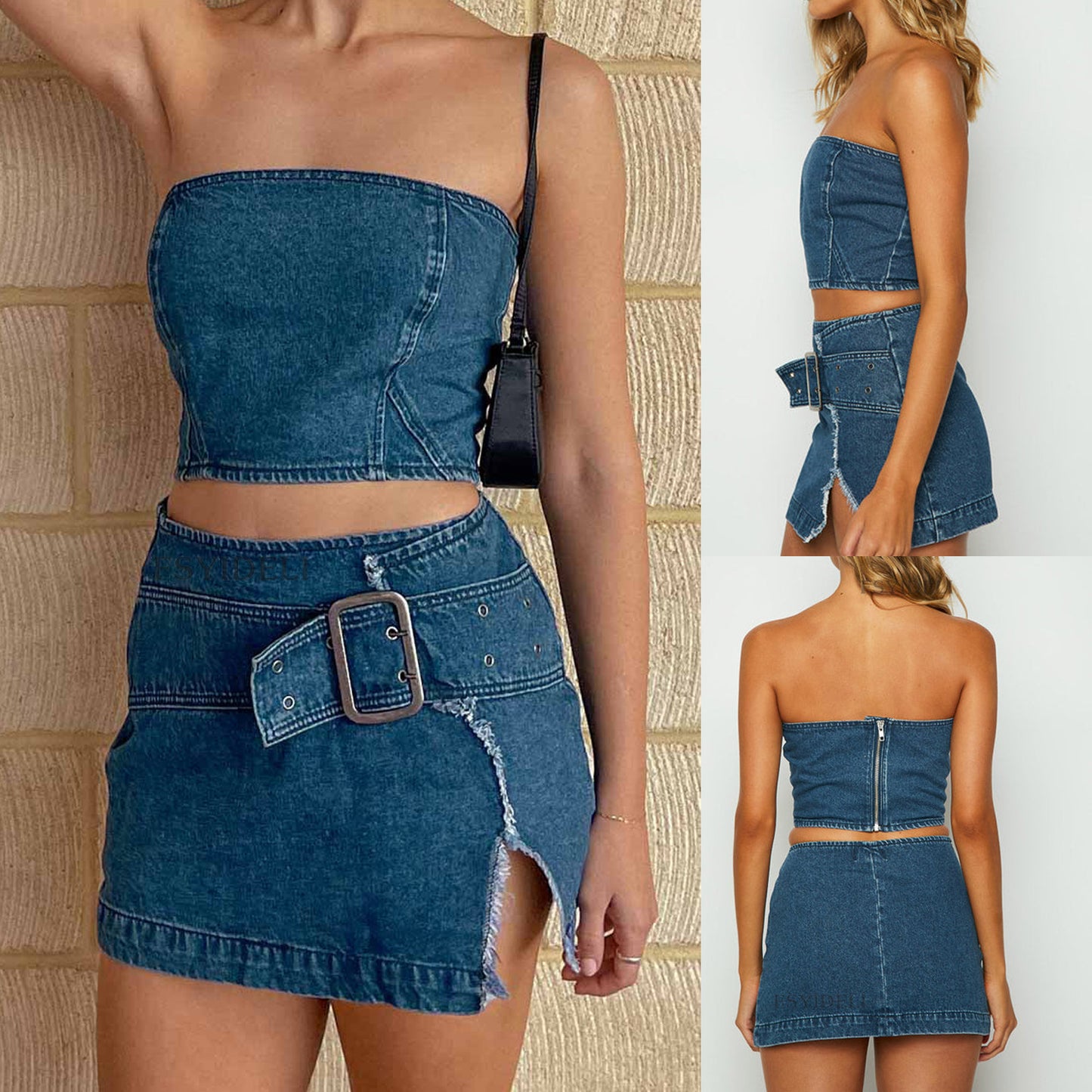 Suit Denim Tank-Top Sexy Sexy Slit Skirt