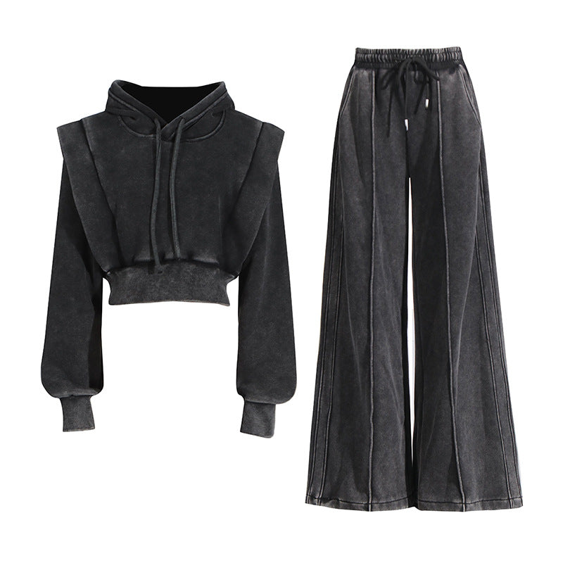 Comfort Casual Waist Trimming Short Coat Loose Wide Leg Pants Sets