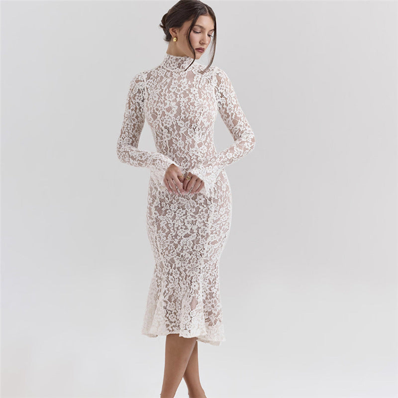 Sexy Lace Cutout Turtleneck Long Sleeve Fishtail Dress