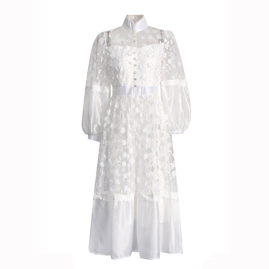 Elegant Socialite Stand Collar Puff Sleeve Embroidery Floral Mesh Dress