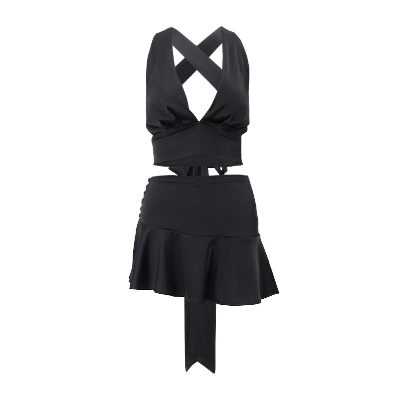 Hollow Out Cutout Deep V Plunge Strap Vest Mini Skirt set