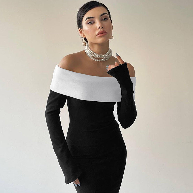 Contrast Color off Shoulder Long Sleeve Waist Slimming Maxi Dress