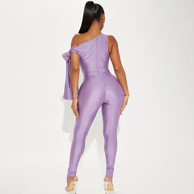 One Shoulder Sexy Twisted Asymmetric Tight Jumpsuit