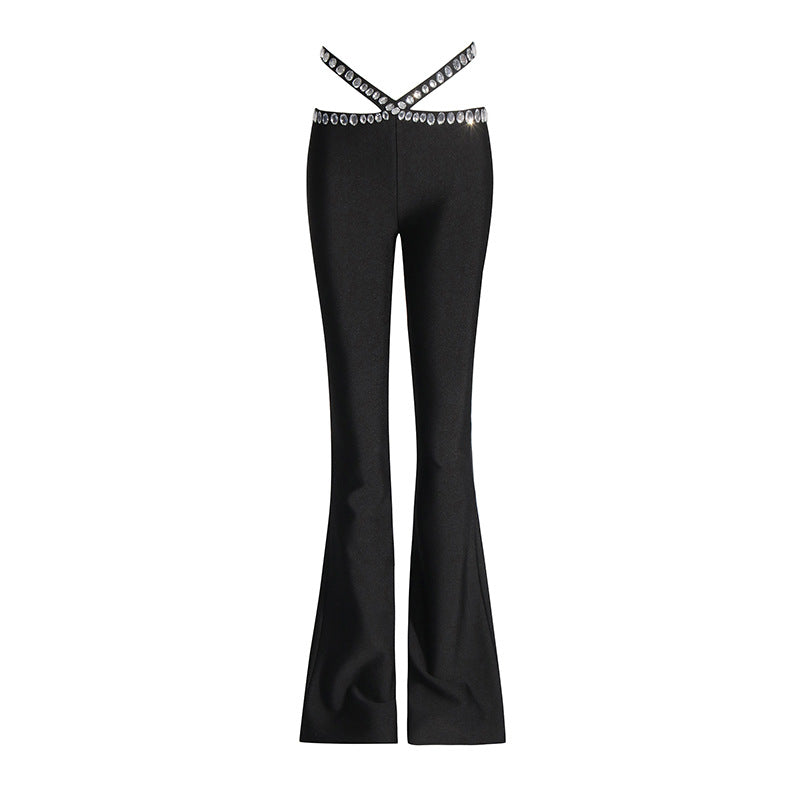 Diamond Stitching Design High Waist Flared Casual Pants