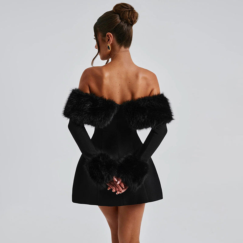 Sexy Fur Collar off Shoulder Slim Slimming A line Dress